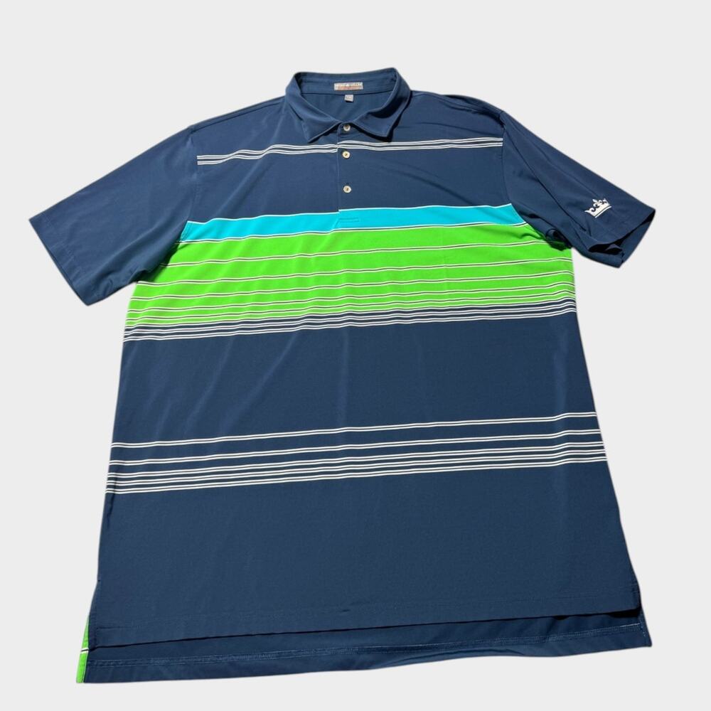 Peter Millar Golf Polo Shirt Mens 2XL Navy Blue Striped Short Sleeve Slit Hem - Picture 4 of 9